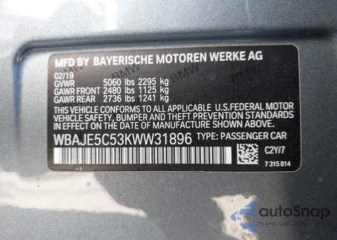 2019 BMW 540I from USA, damaged, VIN WBAJE5C53KWW31896